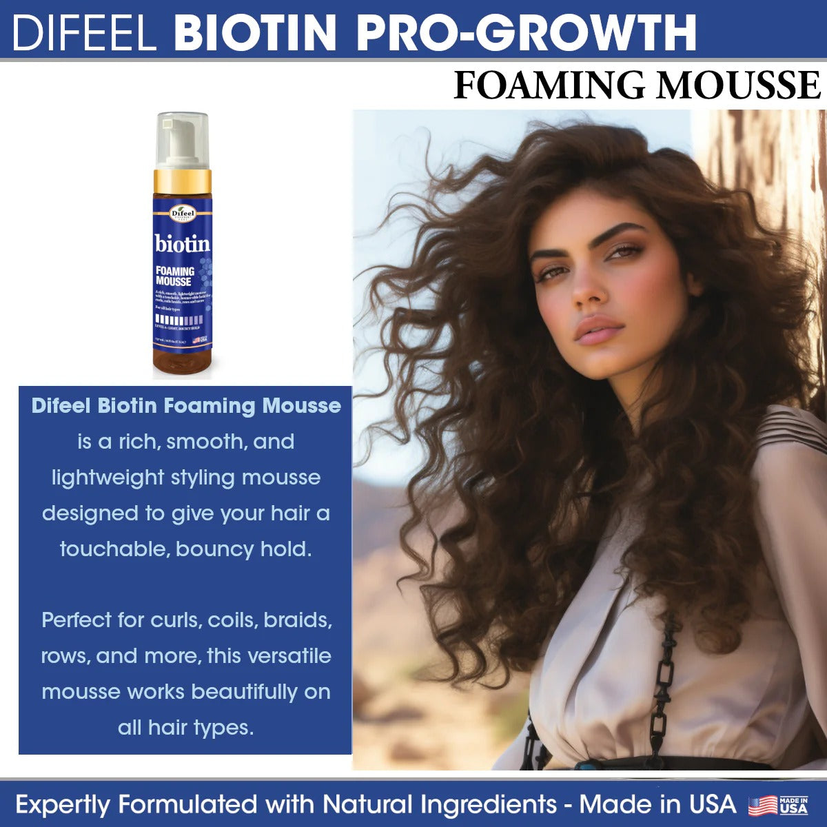 DIFEEL biotin foaming mousse for hair bottle and product text beside model with long bouncy curly hair