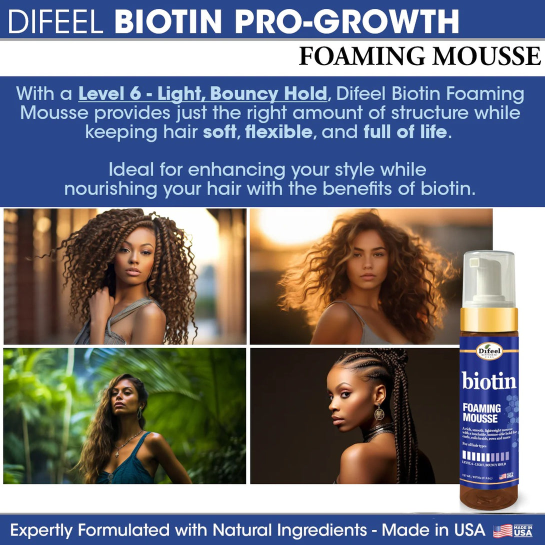 DIFEEL biotin foaming mousse for hair bottle with four models showing curl definition and volume