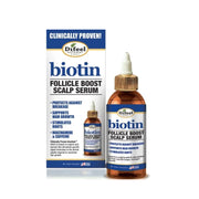 DIFEEL biotin follicle boost scalp serum bottle and box packaging showing benefits for hair growth