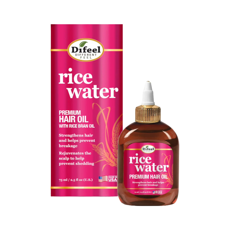 Difeel rice water hair oil premium bottle with precision applicator and matching pink box packaging