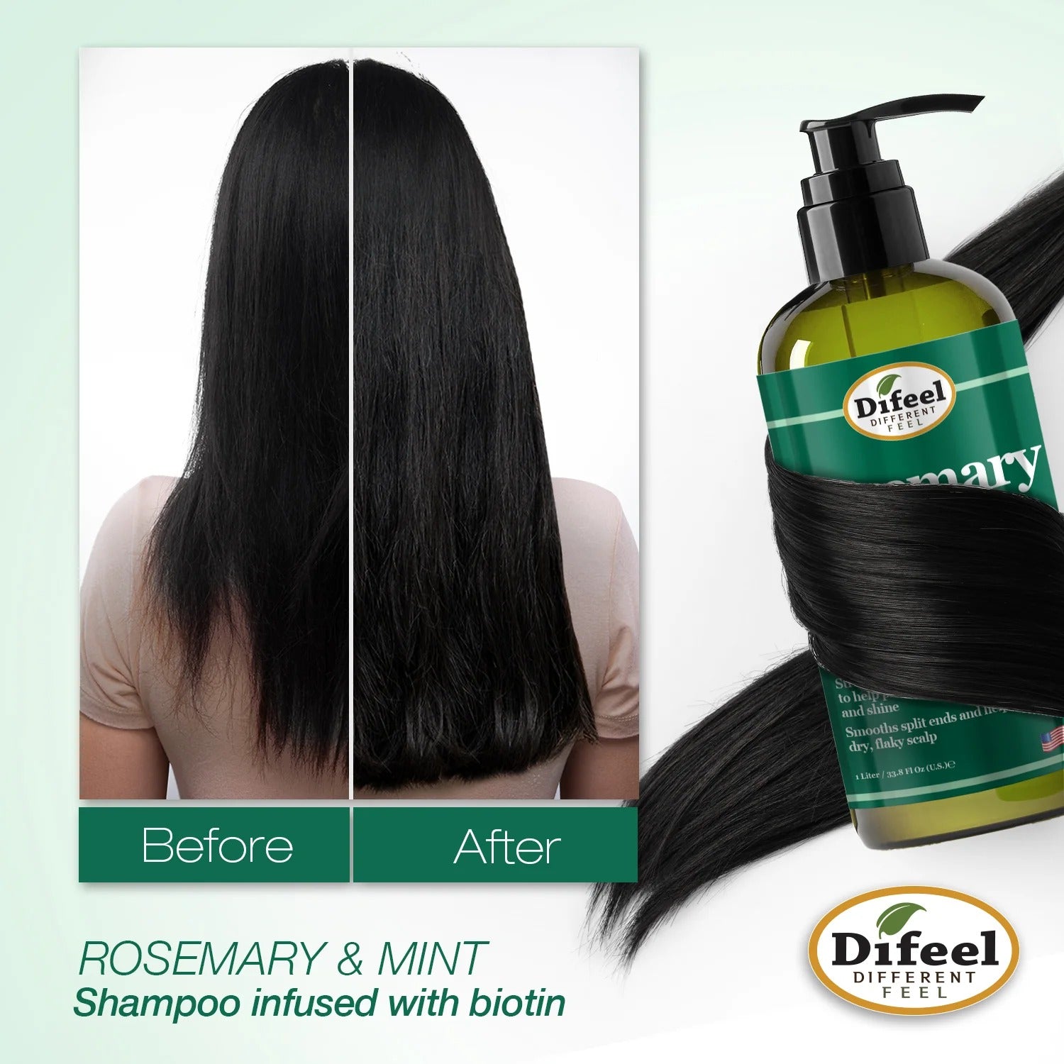 Difeel rosemary and mint shampoo with biotin bottle beside before and after photo showing shinier smoother hair