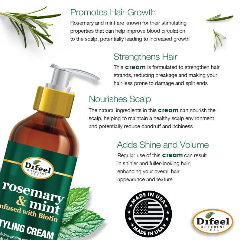 DIFEEL rosemary and mint styling cream pump bottle with biotin label showing hair growth strength and scalp benefits