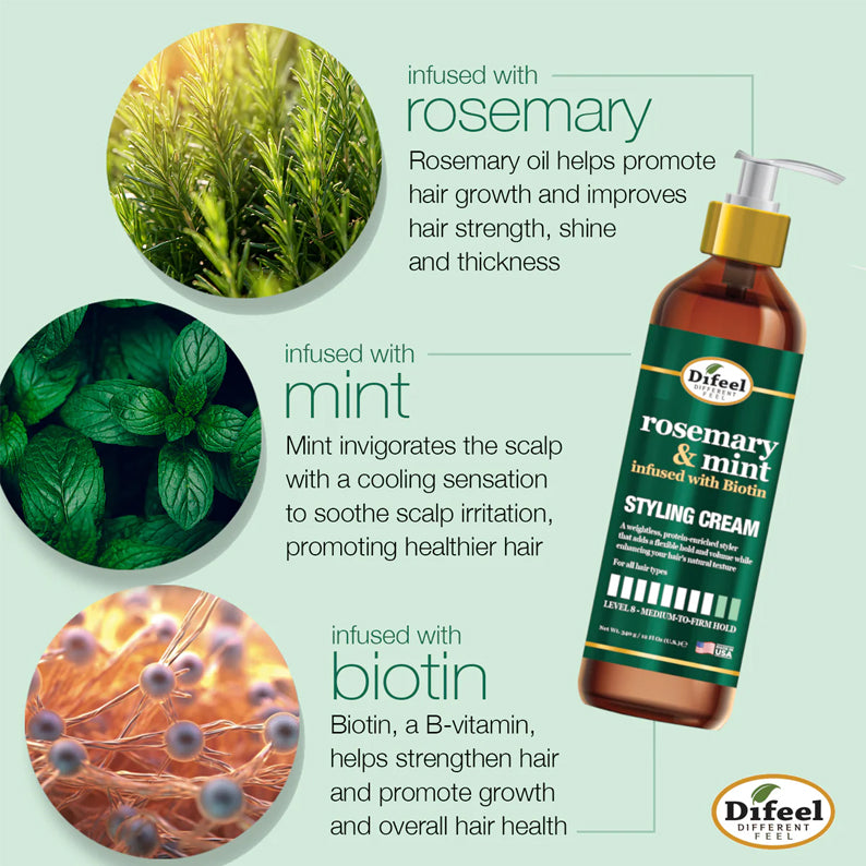 DIFEEL rosemary and mint styling cream bottle with rosemary sprigs mint leaves and biotin imagery highlighting hair benefits