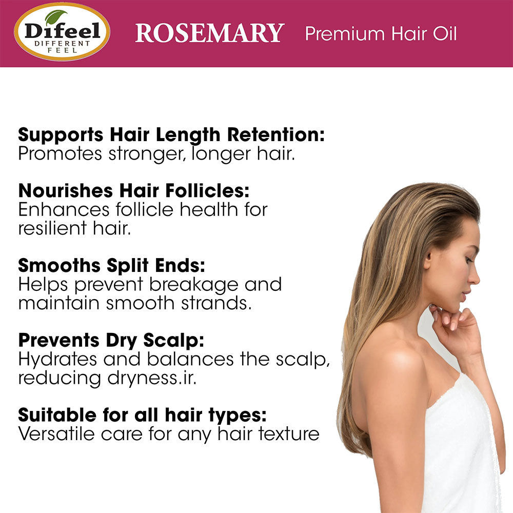 DIFEEL rosemary hair growth oil product label showing benefits text and profile of woman with long smooth hair
