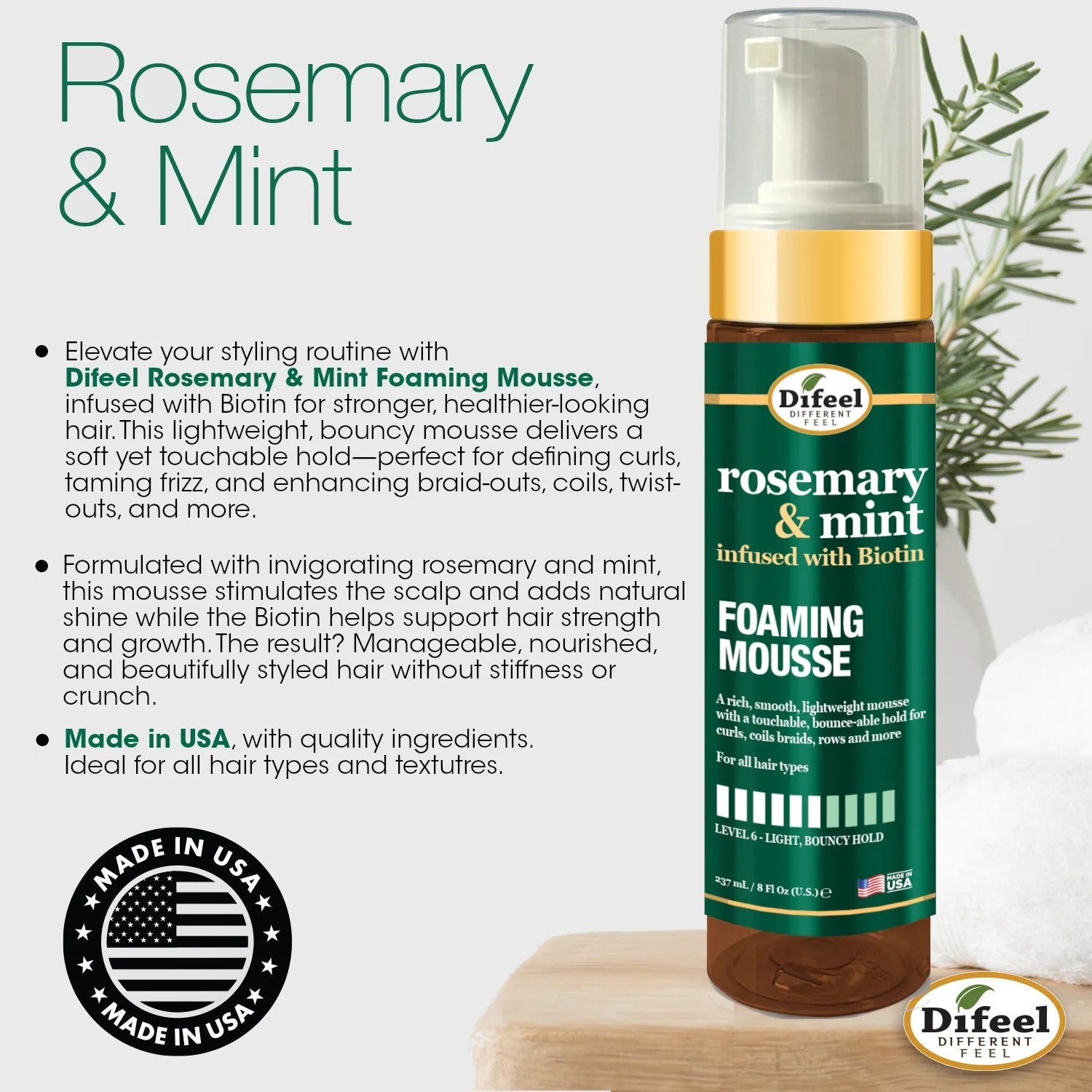Difeel rosemary mint hair mousse foaming bottle with pump green label rosemary sprig and usage text