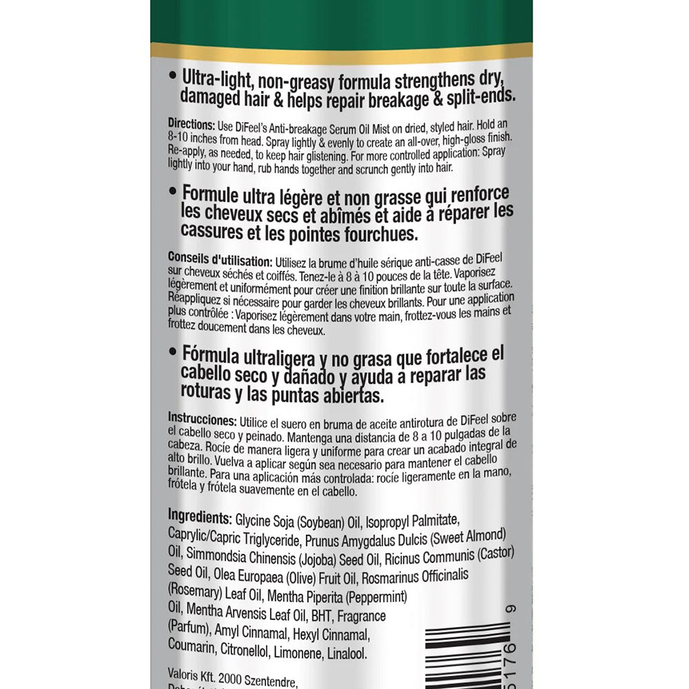 DIFEEL rosemary mint hair serum bottle back label showing ingredients directions for strengthening damaged hair