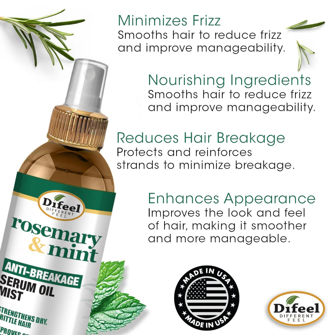 DiFeel rosemary mint hair serum anti breakage spray bottle with mint and rosemary graphics and benefits