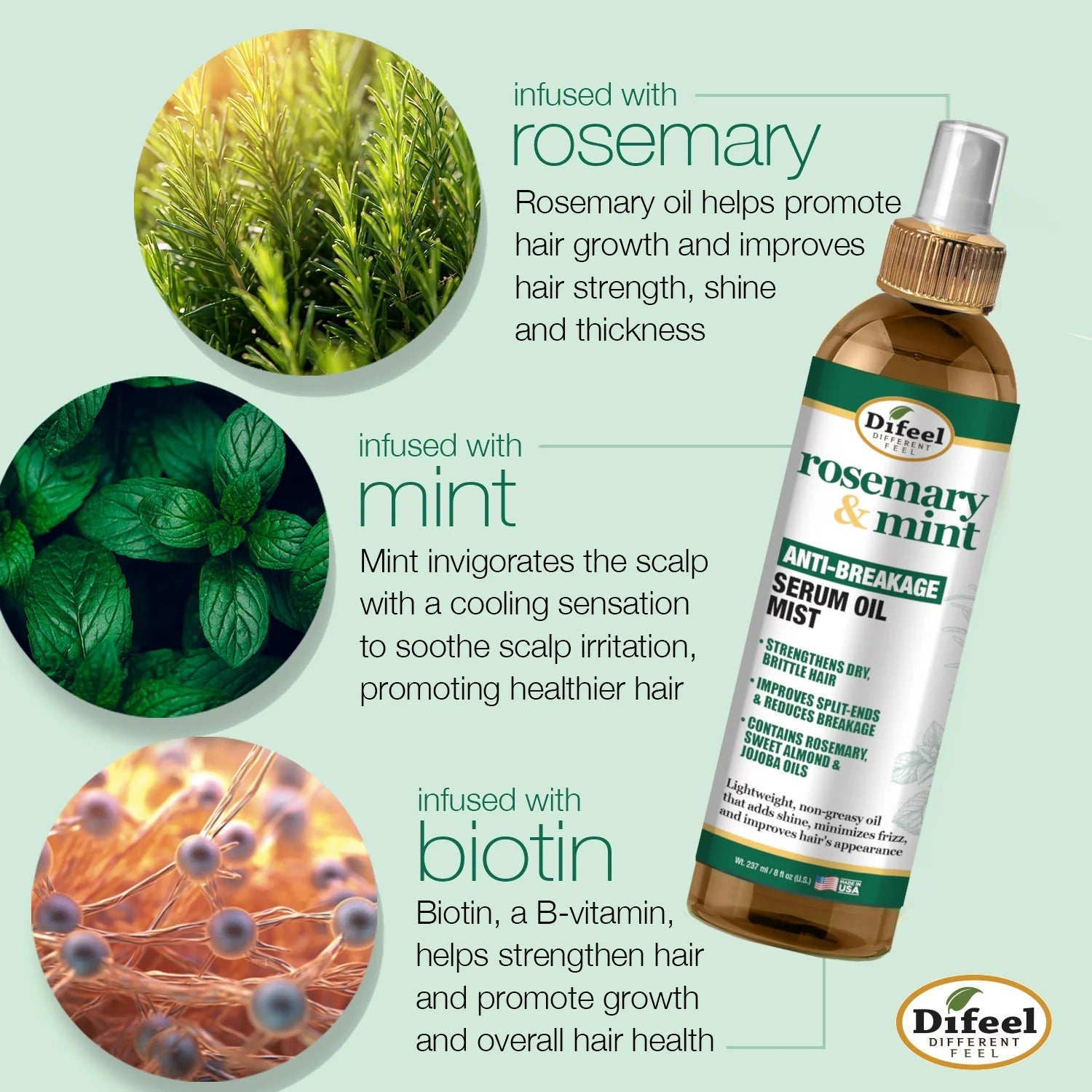 DIFEEL rosemary mint hair serum spray bottle with rosemary and mint botanicals plus biotin for anti breakage and scalp health