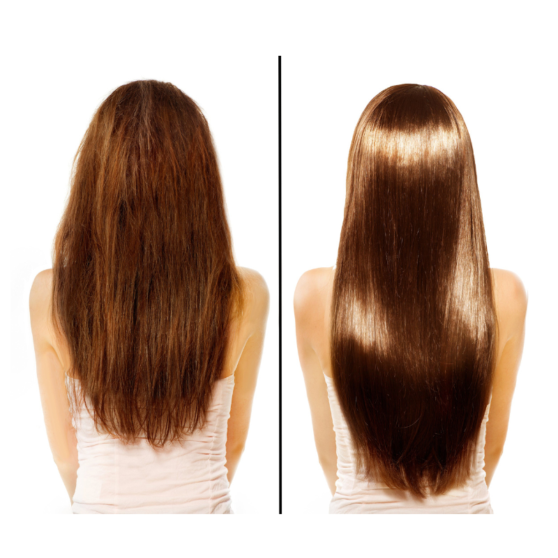 DIFEEL ultra growth conditioner before and after comparison showing frizzy dull hair vs smooth shiny long hair