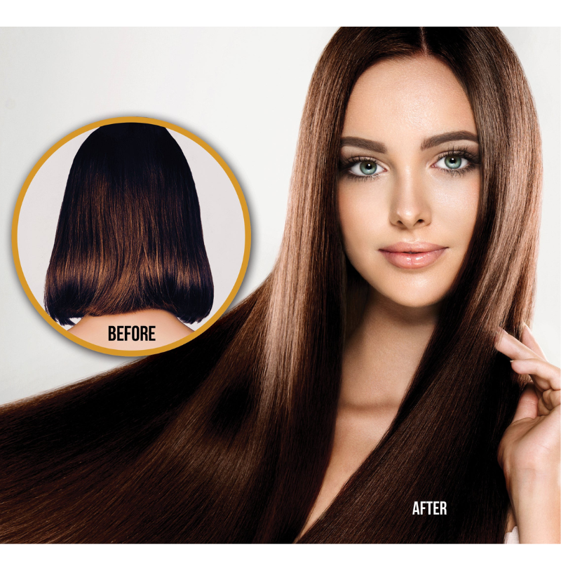 DIFEEL ultra growth conditioner before and after showing long shiny smooth brown hair transformation
