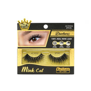 Duchess Mink Cat 3D lashes EBIN gold black packaging showing pair of real mink cat false eyelashes and model eye closeup