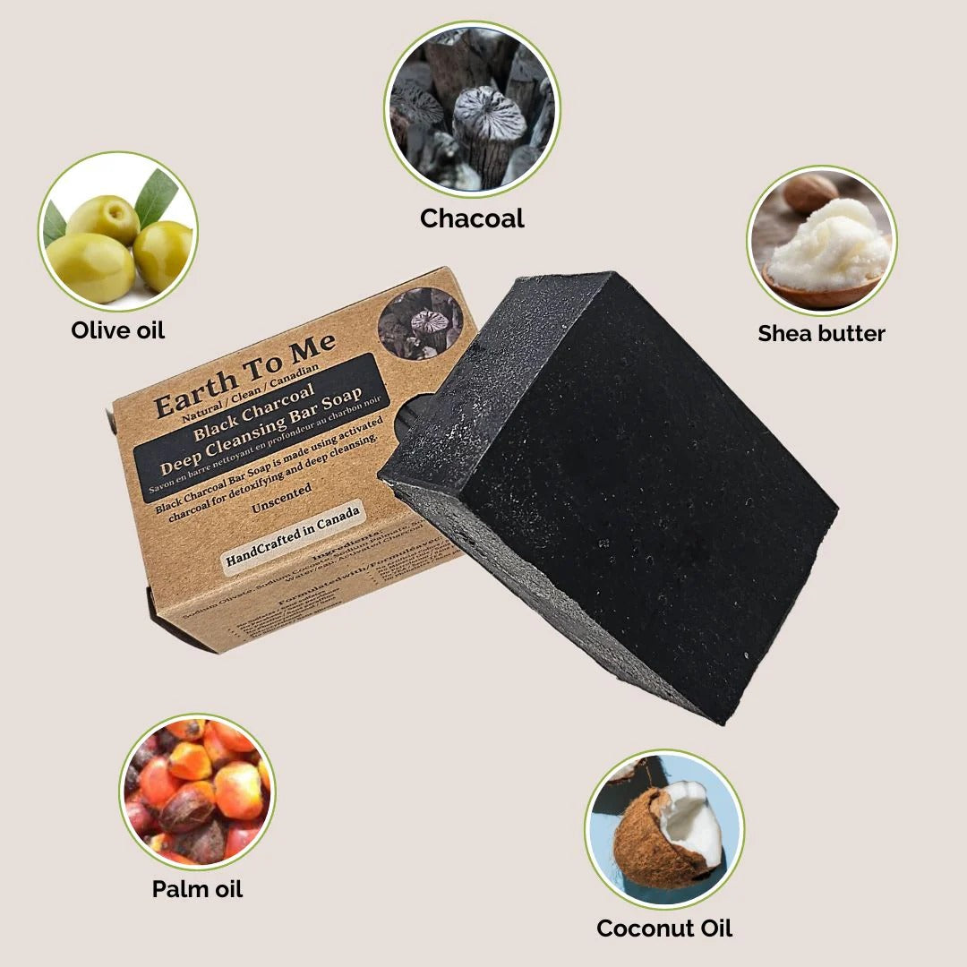 Earth To Me black charcoal cleansing bar soap shown with box and ingredients olive oil shea butter coconut oil