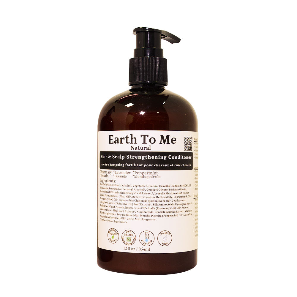 Earth To Me hair and scalp strengthening conditioner in amber pump bottle with natural ingredient label