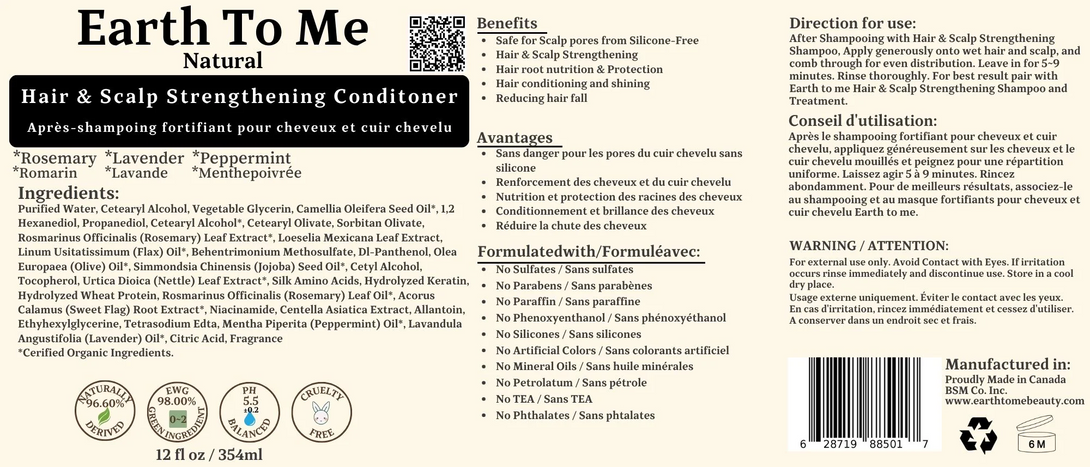 Earth To Me Natural hair and scalp strengthening conditioner bottle label showing ingredients directions and benefits