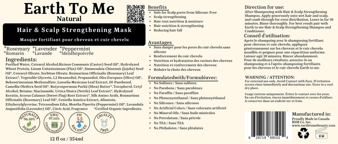 Earth To Me hair and scalp strengthening mask label showing rosemary lavender peppermint ingredients and directions