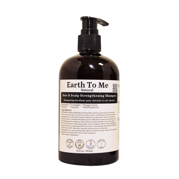 Earth To Me brown pump bottle hair and scalp strengthening shampoo 12 fl oz natural label