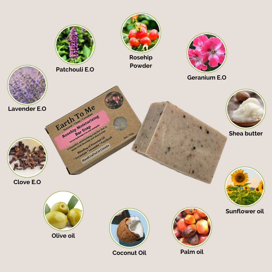 Earth To Me rosehip bar soap with natural ingredients like shea butter, coconut oil, and essential oils