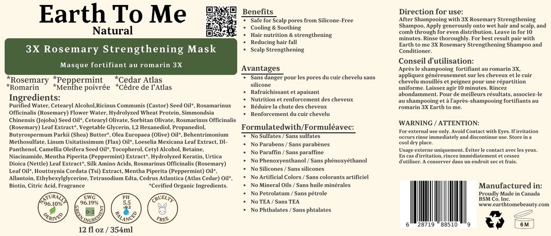 Earth To Me rosemary hair strengthening mask jar label showing ingredients benefits directions and 12 fl oz size