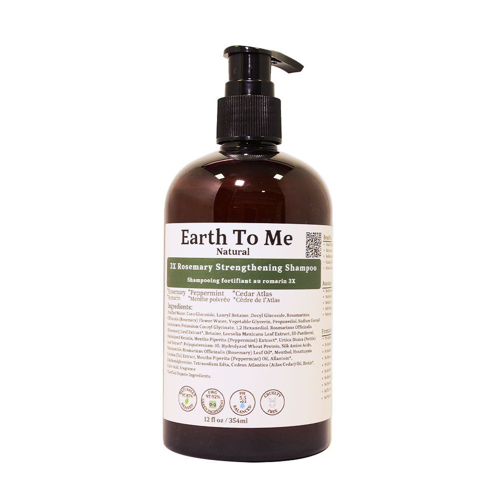 Earth To Me brown pump bottle rosemary hair strengthening shampoo with natural label 12 fl oz