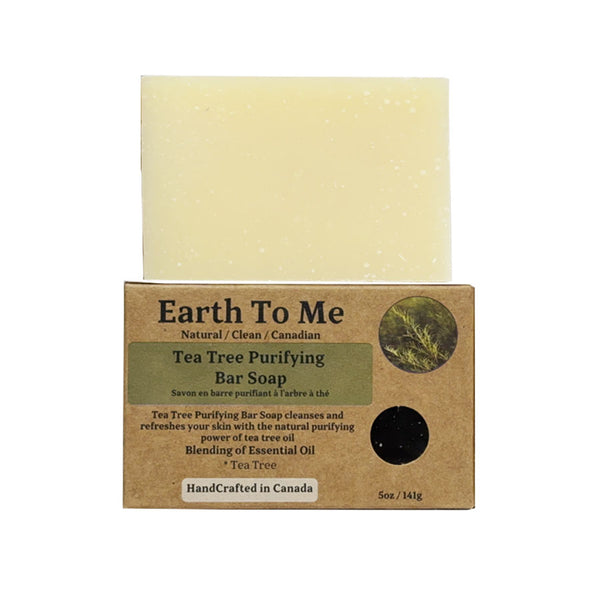 Earth To Me tea tree bar soap on recycled kraft packaging labeled Tea Tree Purifying Handcrafted in Canada