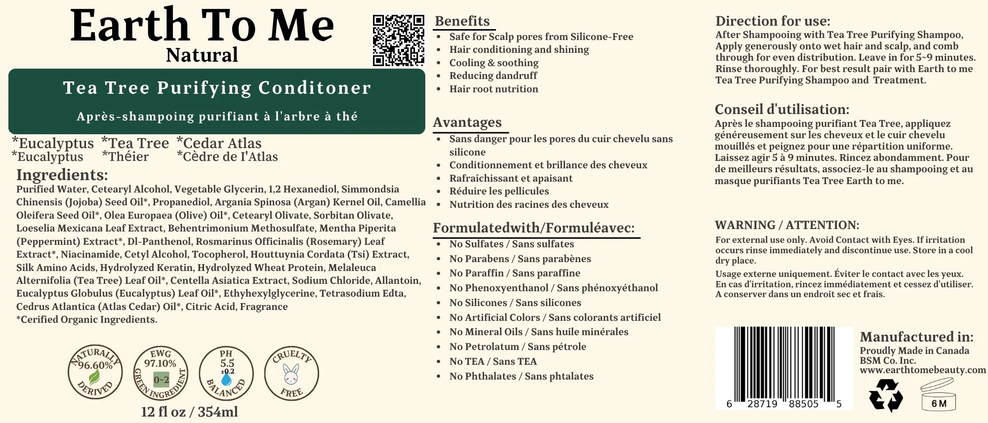 Earth To Me natural tea tree purifying conditioner 12 fl oz label showing ingredients benefits and usage directions