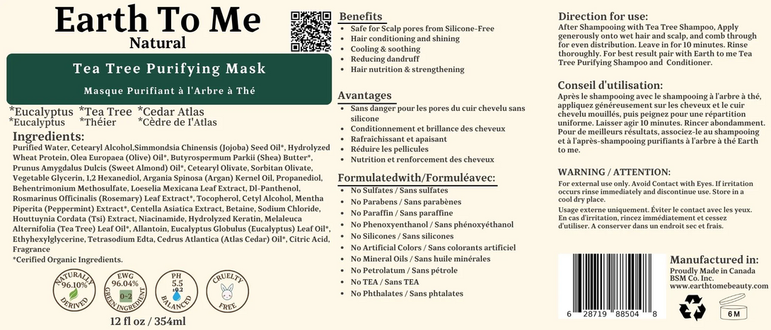 Earth To Me Natural tea tree purifying mask jar label showing ingredients benefits directions 12 fl oz