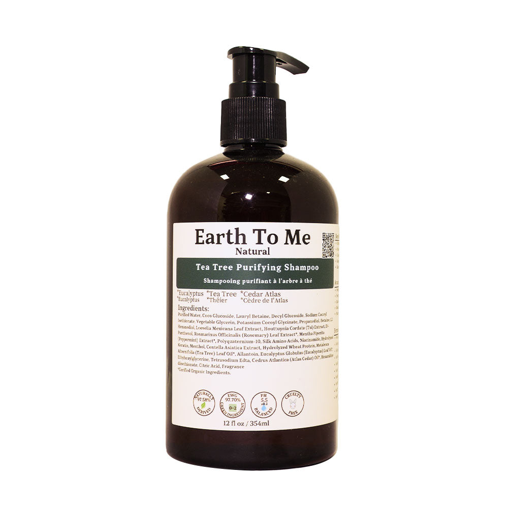 Earth To Me tea tree purifying shampoo in amber pump bottle 12 fl oz natural clarifying scalp and hair care