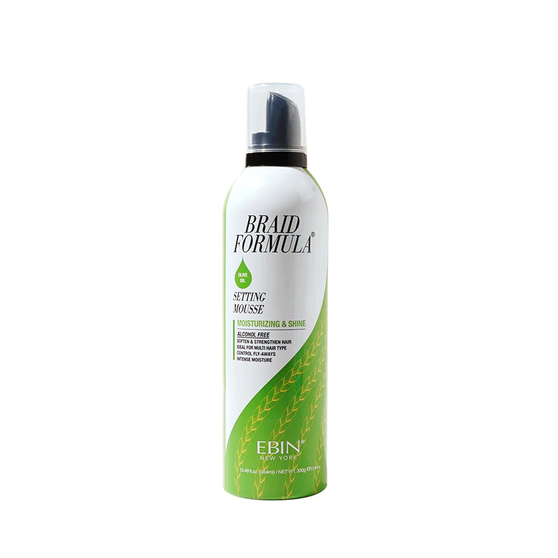 EBIN Braid Formula Setting Mousse hair care foam in white green can with pump for braid styling and shine