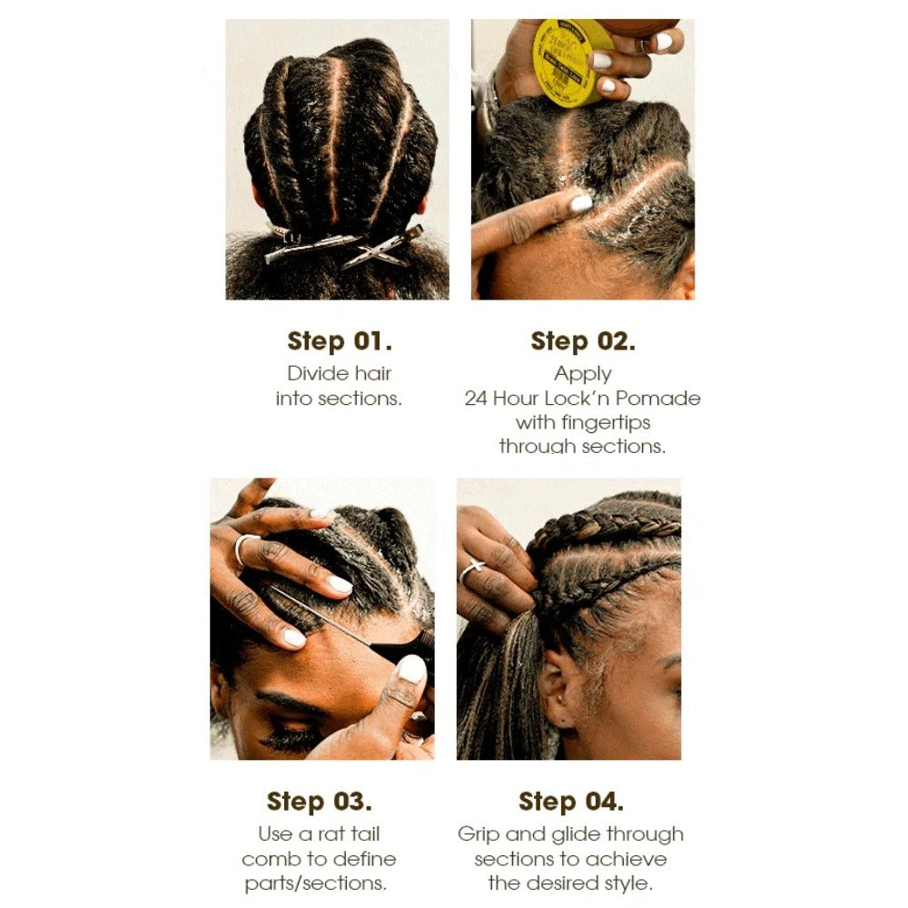 Ebin hair care step by step images showing braid sections applying 24 hour braid hold pomade combing and finishing braids