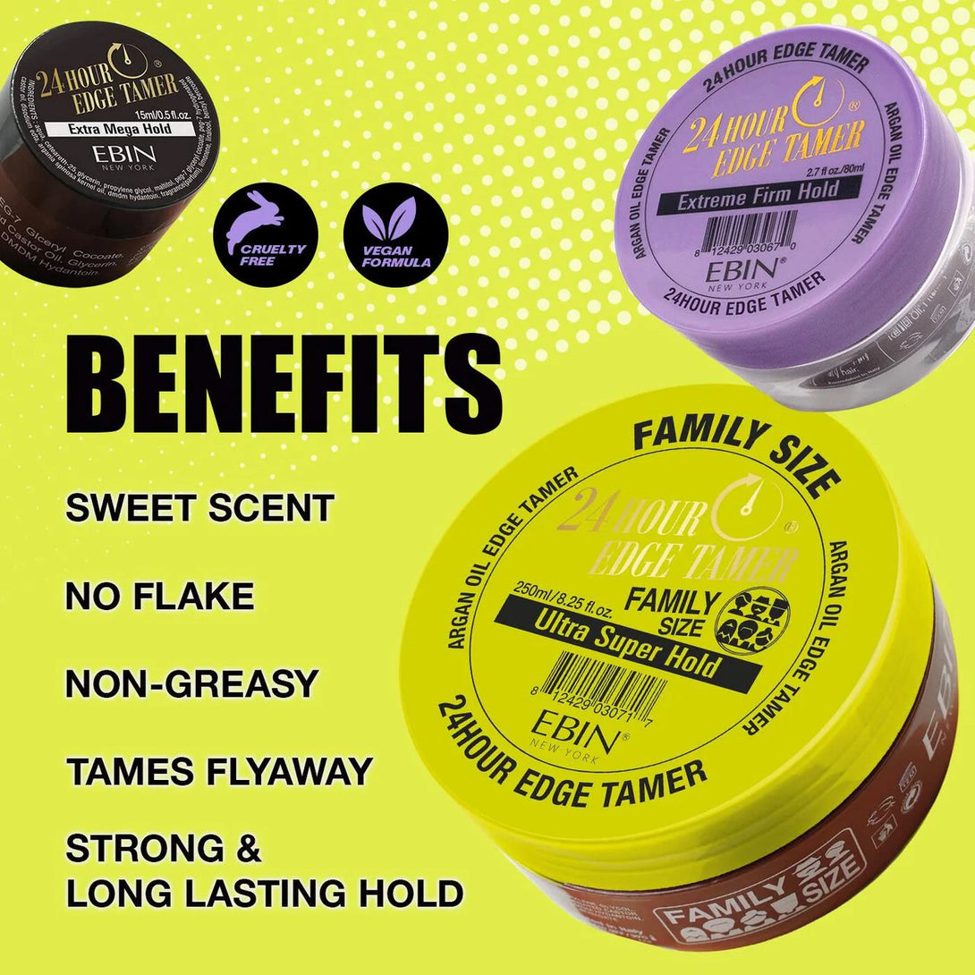 EBIN 24 hour edge control gel jars in multiple sizes and colors with benefits text background