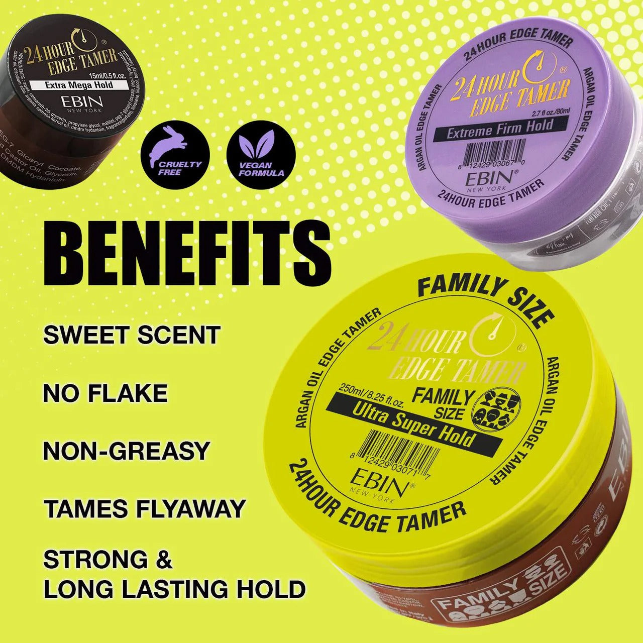 EBIN 24 hour edge control gel jars in multiple sizes and colors with benefits text background