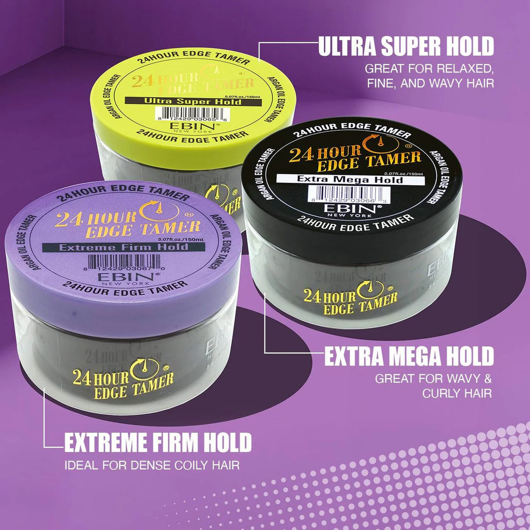 EBIN 24 hour edge control gel trio showing Ultra Super Hold Extra Mega Hold Extreme Firm Hold hair styling jars