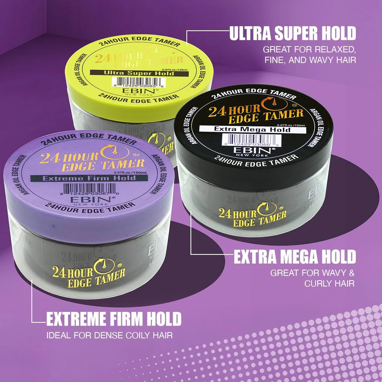 EBIN 24 hour edge control gel trio showing Ultra Super Hold Extra Mega Hold Extreme Firm Hold hair styling jars