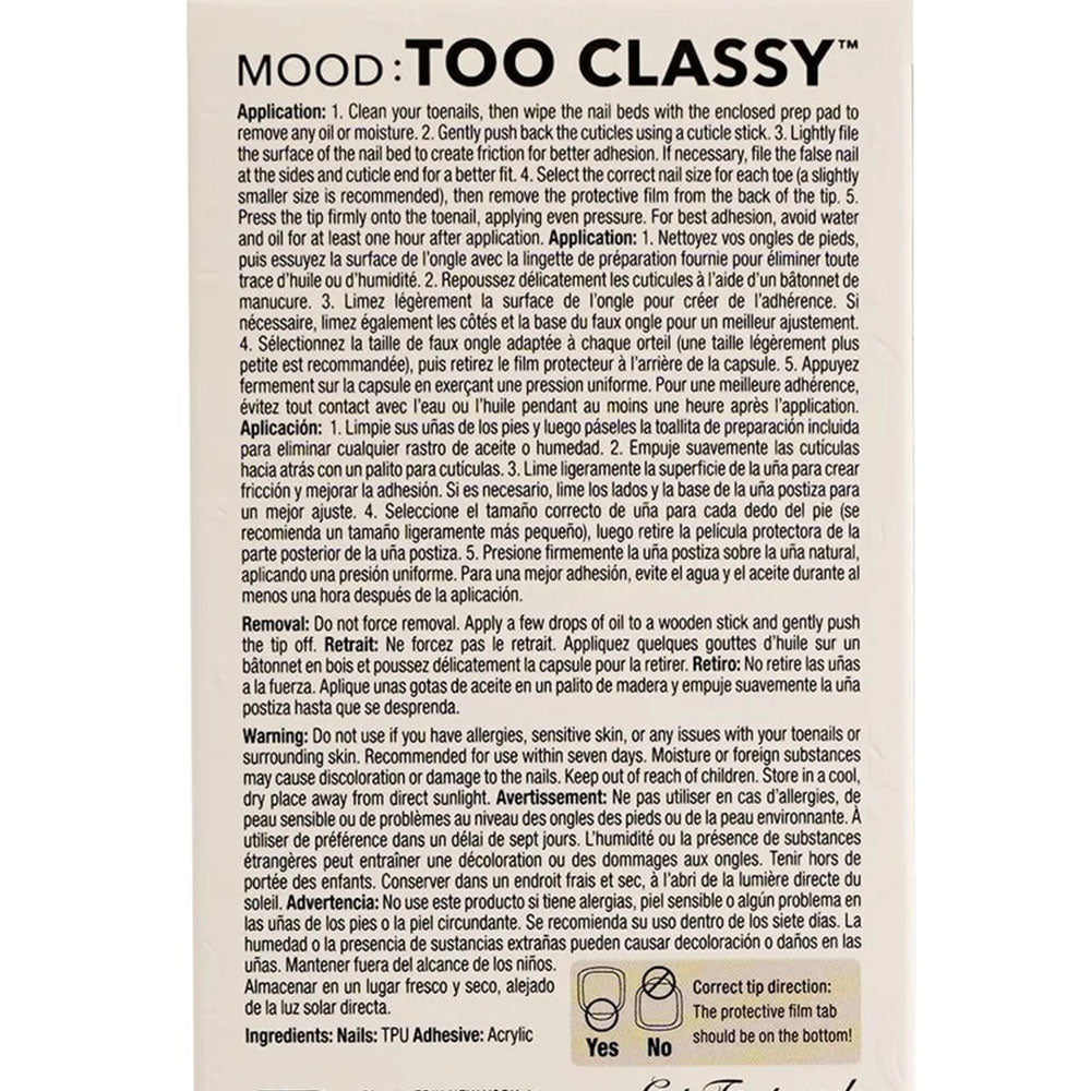 EBIN Mood Too Classy packaging back showing application instructions for 3D mauve press on toenails