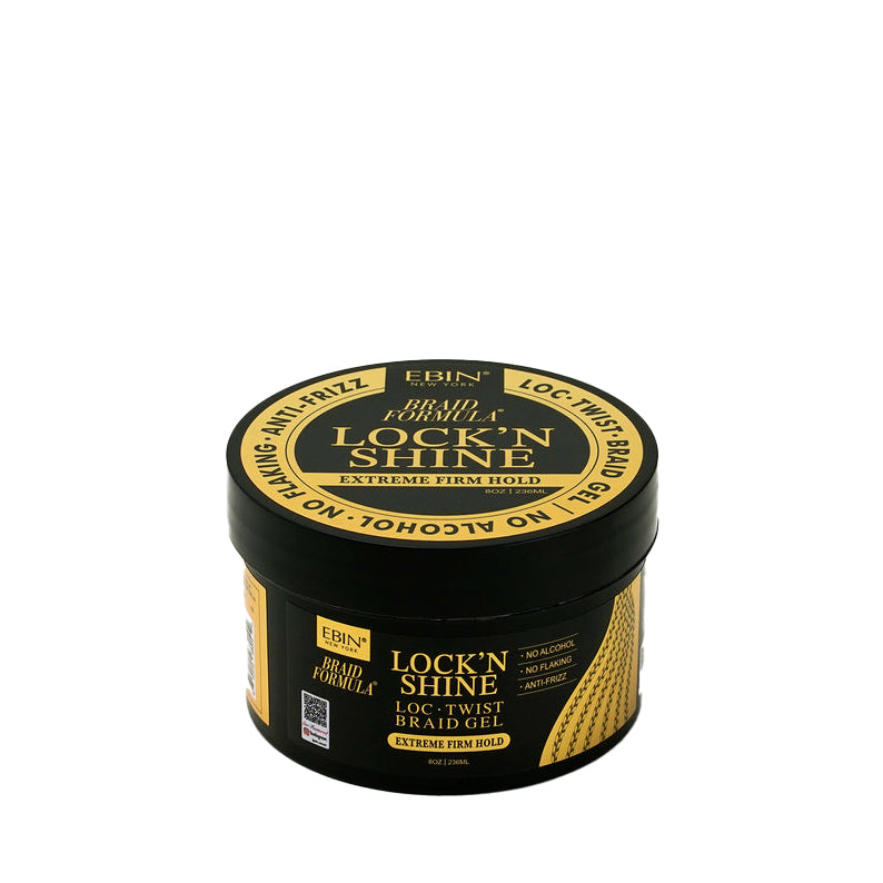 EBIN Lock N Shine braid gel for extreme hold in black and gold jar extreme firm hold for twists and braids
