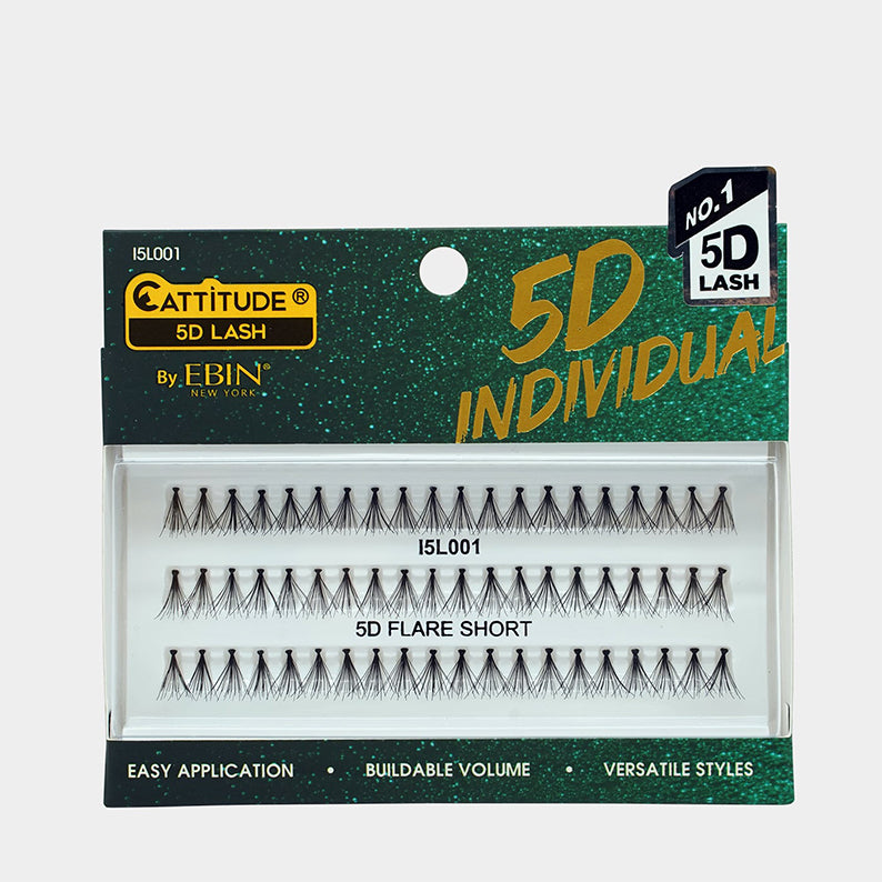 EBIN Attitude 5D individual lash extensions pack showing short 5D flare clusters in clear tray with green glitter packaging