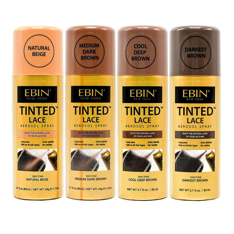 EBIN Tinted Lace aerosol hair care sprays in four shades including cool deep brown lace tint spray for lace wigs