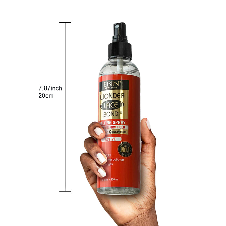 EBIN Wonder Lace Bond extreme hold wig melting spray 8oz bottle held in hand for lace styling