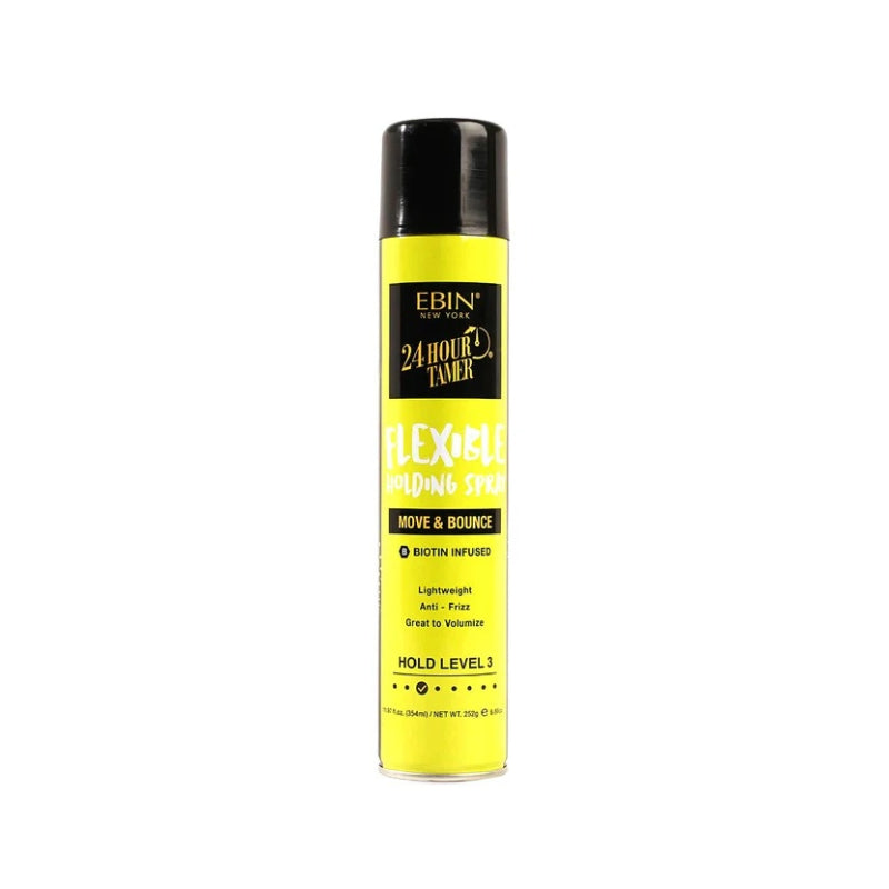 EBIN 24 Hour Tamer flexible hair holding spray in yellow can with black cap for move and bounce styling