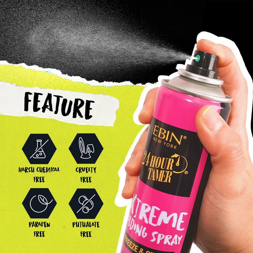 Hand spraying EBIN 24 Hour Tamer pink can releasing mist flexible hair holding spray with feature icons