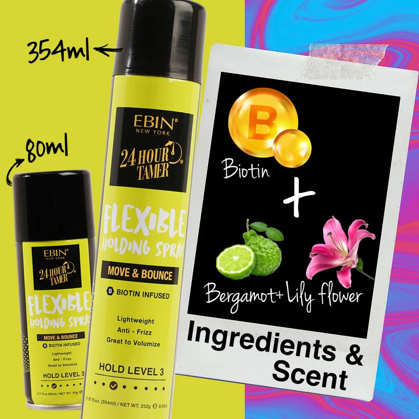 EBIN 24 Hour Tamer flexible hair holding spray yellow 80ml and 354ml bottles biotin bergamot lily scent