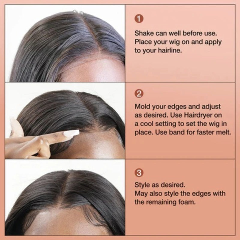 EBIN glueless lace melt mousse instructional collage showing applying mousse to wig hairline and molding edges