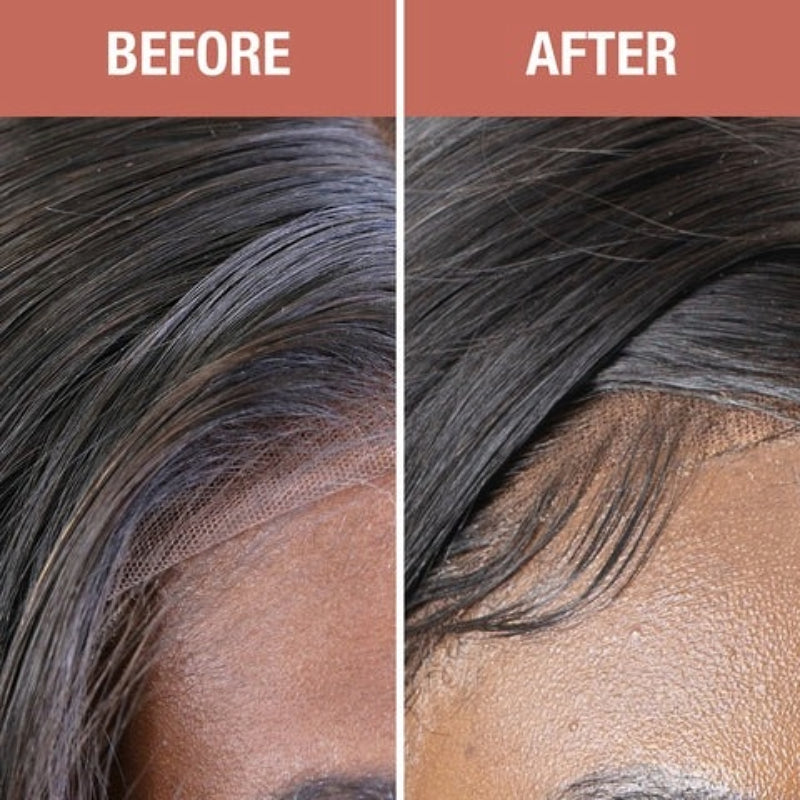 EBIN before and after image showing naturalized hairline on lace wig using glueless lace melt mousse