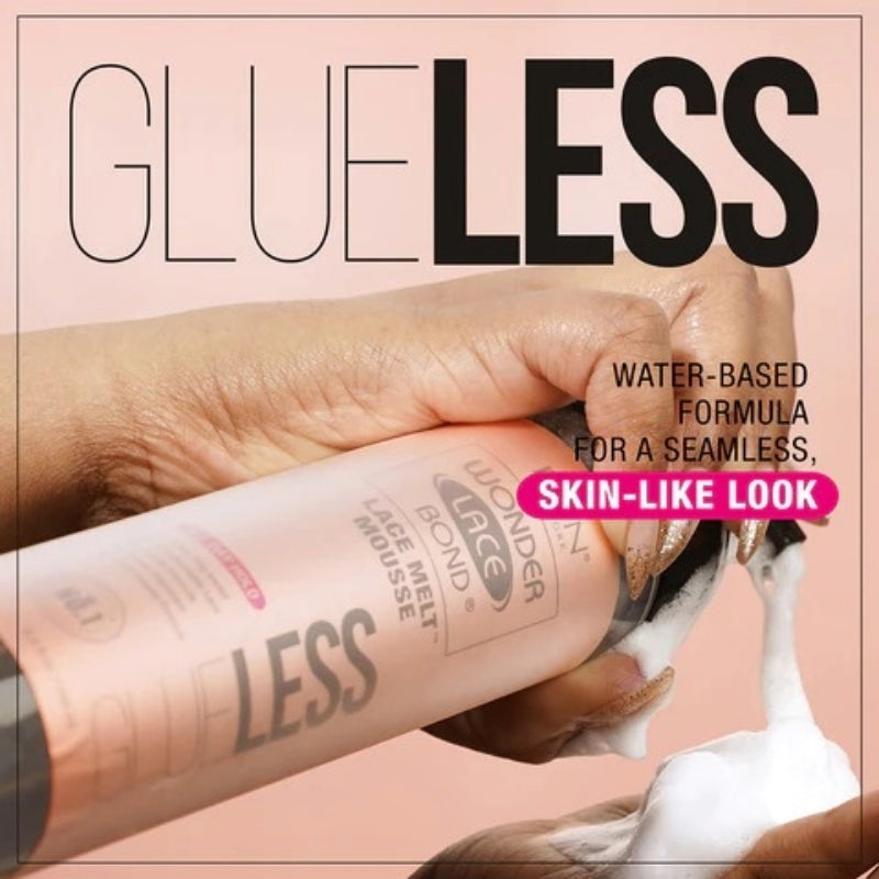 EBIN glueless lace melt mousse bottle dispensing white foam on hand showing water based formula for seamless skin like look