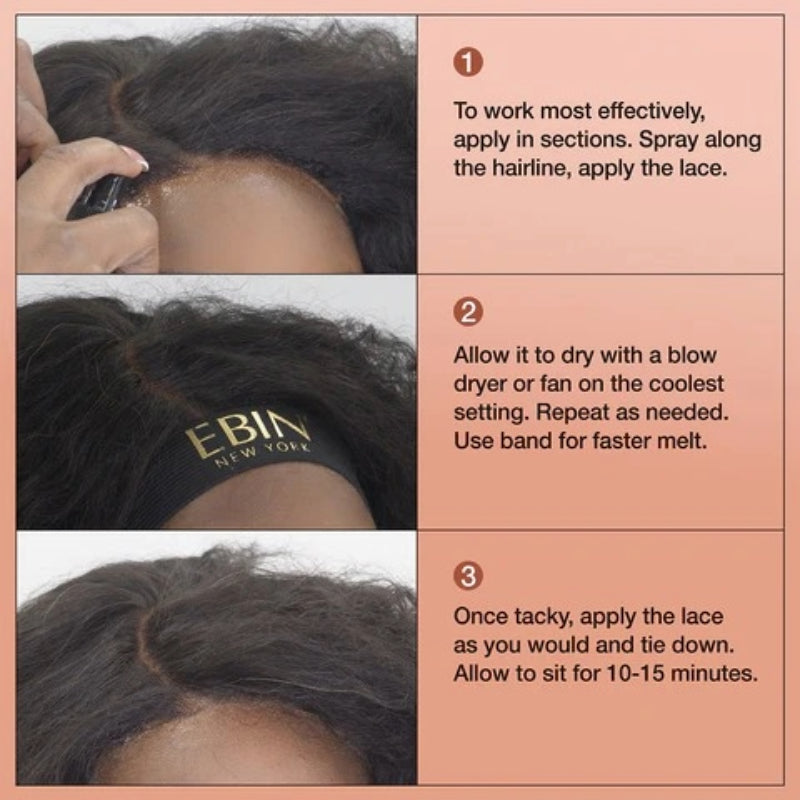 EBIN instructional photo showing spray application to hairline on a wig, demonstrating glueless lace wig melt spray use