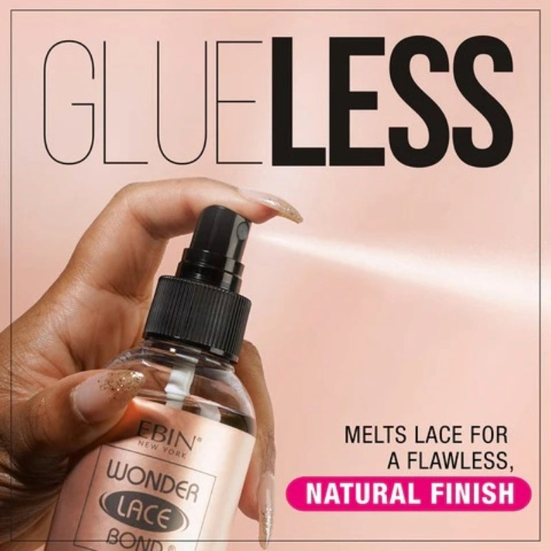 EBIN Wonder Lace Bond spray bottle held in hand spraying to secure hairline glueless lace wig melt spray for natural finish