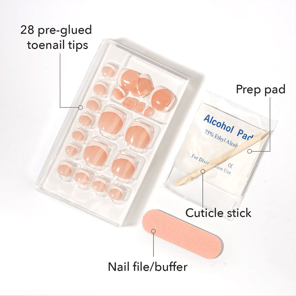 EBIN pre glued nude toenail tips kit with nail file cuticle stick and prep pad styling idea hot pink French press on toenails