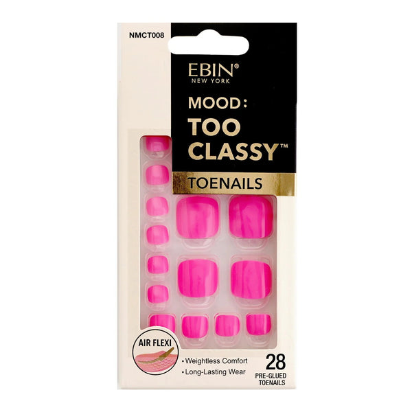 EBIN Mood Too Classy hot pink press on toenails pre glued 28 piece glossy square toenail tips
