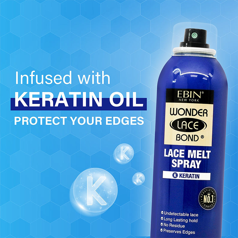 EBIN Wonder Lace Bond keratin infused lace melt spray for wigs in blue aerosol can protecting edges
