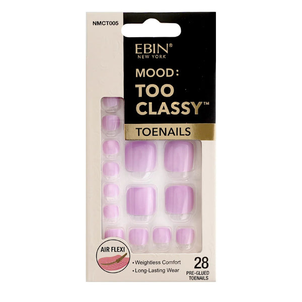 EBIN Mood Too Classy toenails pack showing 28 pre glued lavender press on toenails for weightless comfort and long lasting wear